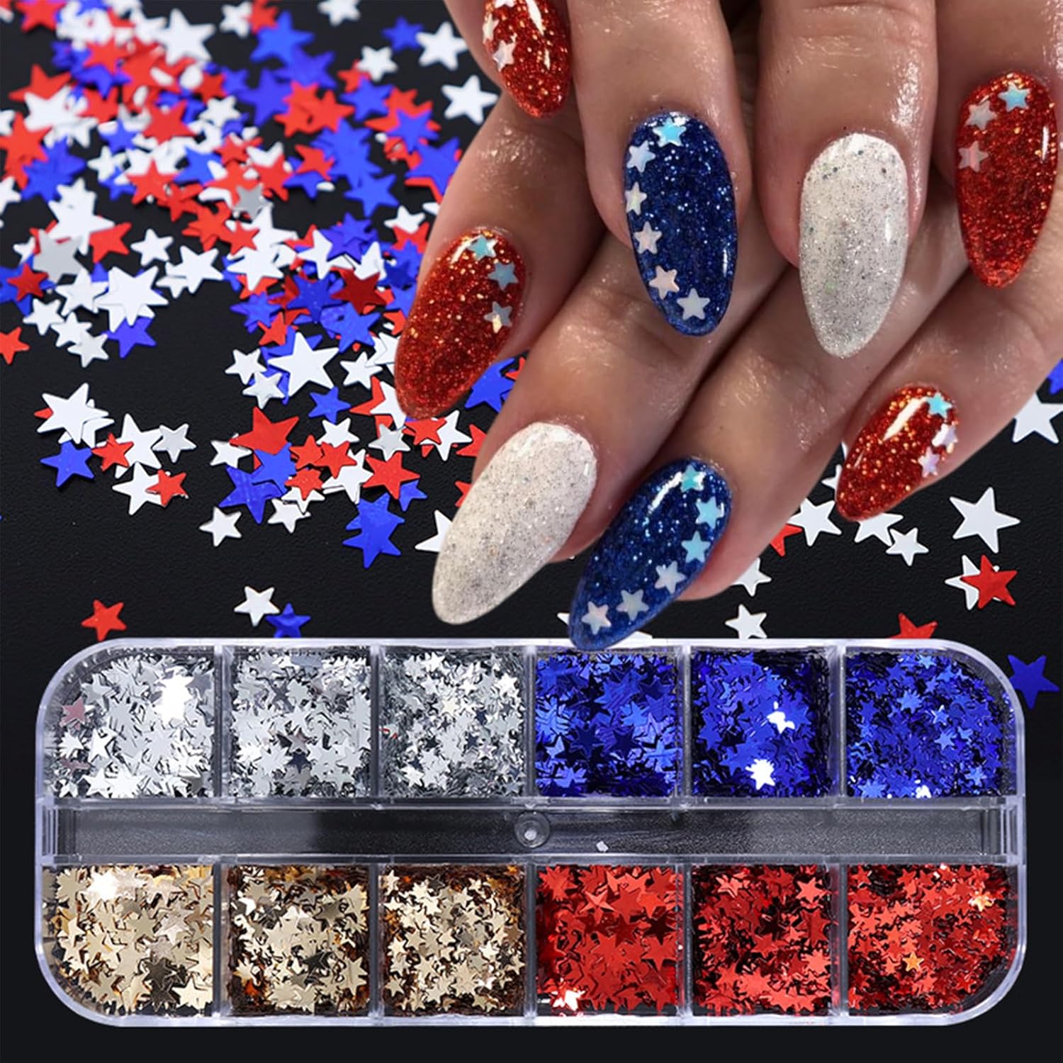 12 Grids Independence Day Nail Sequins，3D Holographic Nails Glitter Laser Star Nail Shining Flakes for Fourth of July Five-Pointed Star Mixed Sequins for America Patriotic Face Makeup Nail Decoration-GlimoraGlow