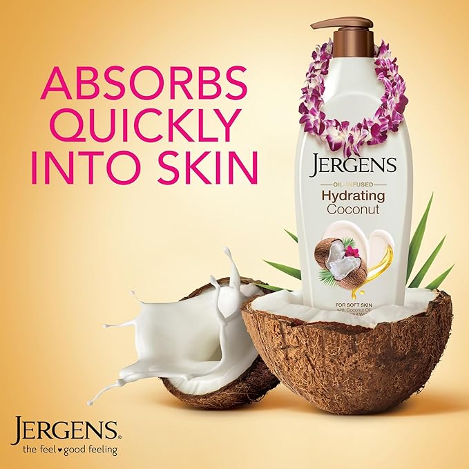 Jergens Hydrating Coconut Body Lotion, Hand and Body Moisturizer, Infused with Coconut Oil, Hydrates Dry Skin Instantly, Dermatologist Tested, 16.8 oz, Pack of 3-GlimoraGlow