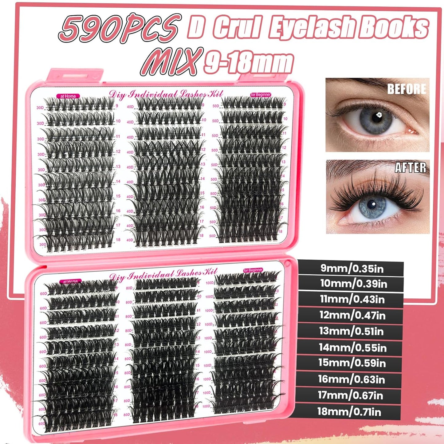 DIY Lash Extension Kit 590Pcs 9-18mm D Curl Lashes Clusters with Lash Bond and Seal Glue Remover Lash Shampoo Cleansing Brush Headband Wristband Tweezers Eyelash Brush Applicator-GlimoraGlow