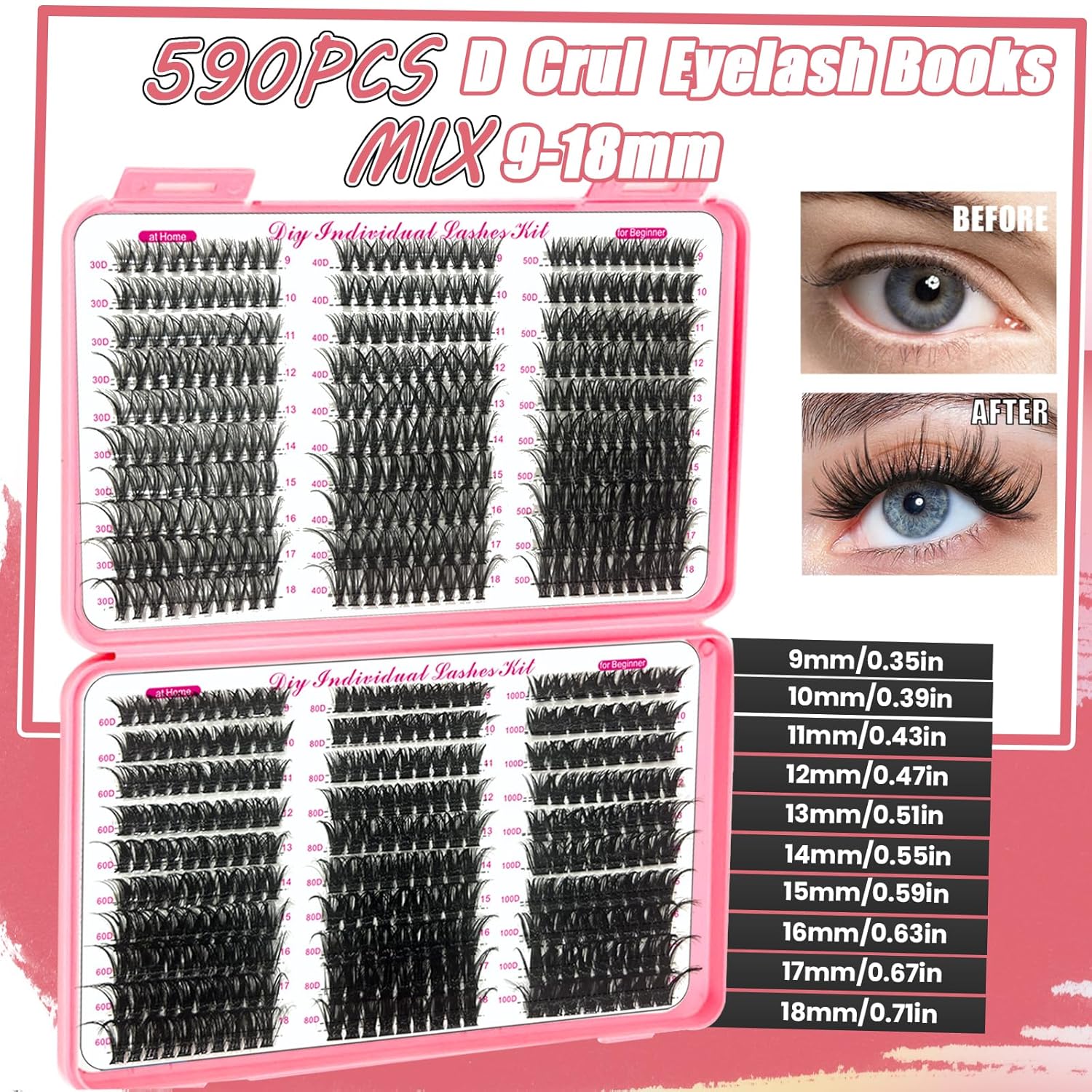 DIY Lash Extension Kit 590Pcs 9-18mm D Curl Lashes Clusters with Lash Bond and Seal Glue Remover Lash Shampoo Cleansing Brush Headband Wristband Tweezers Eyelash Brush Applicator-GlimoraGlow