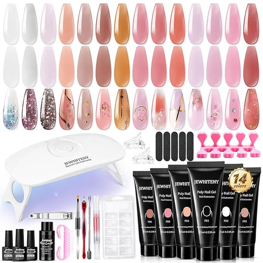 JEWHITENY 14 PCS Poly Nail Gel Kit Poly Extension Gel Kit Starter Kit With Slip Solution Professional Extension Set With LED Lamp Nail Art Design Beginner All In One-GlimoraGlow