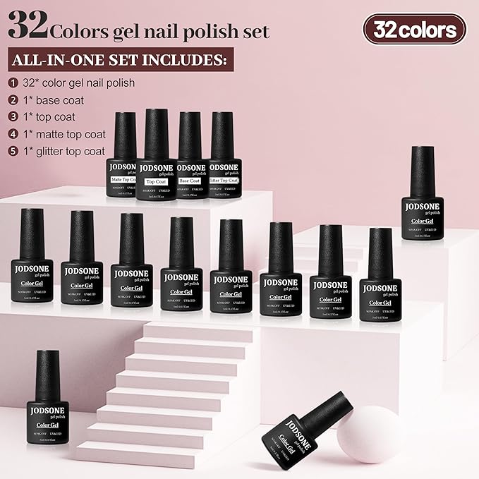 JODSONE 36 PCS Gel Nail Polish Set-32 Colors Gel Polish Kit Base Coat Glossy Matte and Glitter Top Coat Nail Polish Set Green Blue Red Pink Collection Gifts for Women-GlimoraGlow