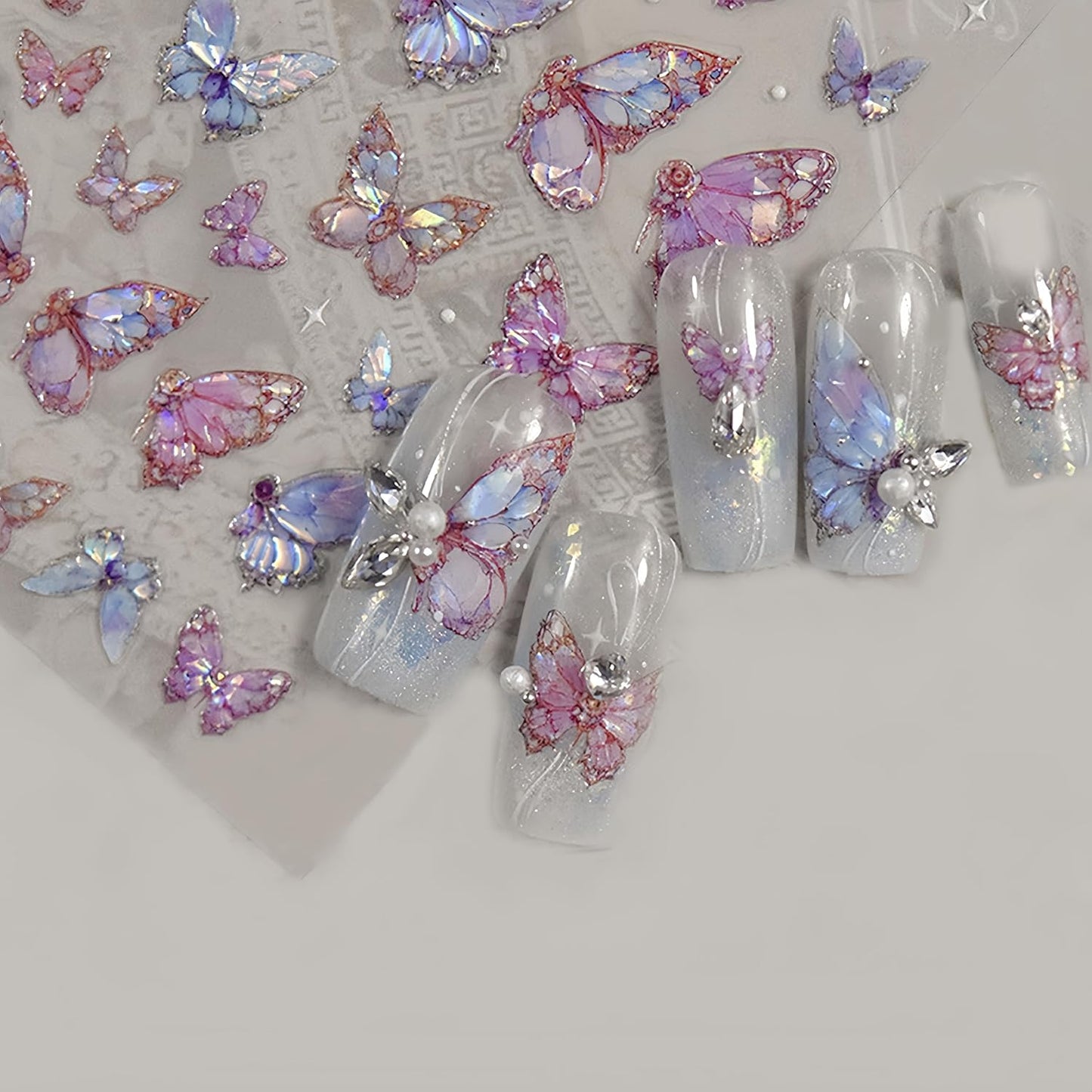 2 Sheets Butterfly Nail Art Stickers 5D Embossed Self-Adhesive Pink Aurora Sparkling Butterfly Nail Decals Designs for Women Girls DIY Nail Decoration-GlimoraGlow