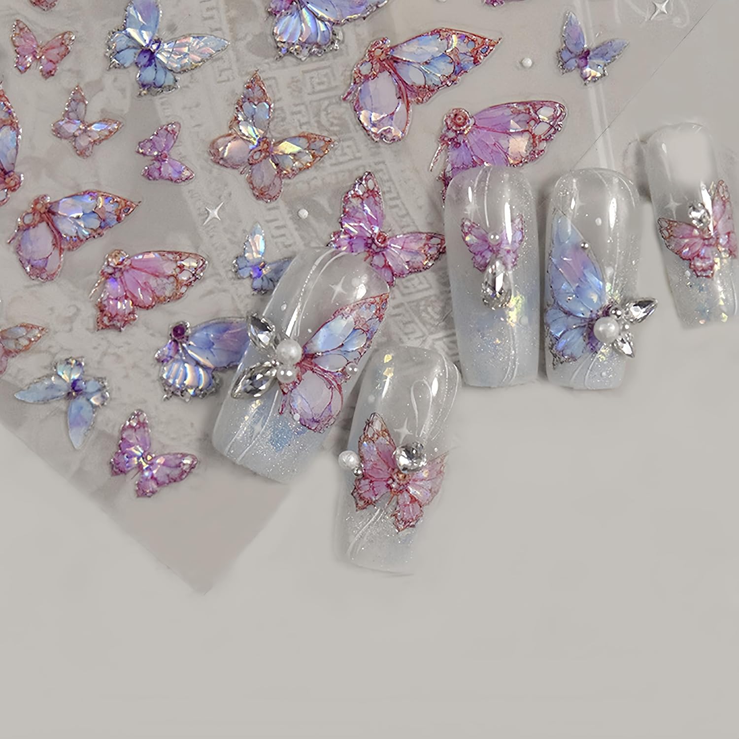 2 Sheets Butterfly Nail Art Stickers 5D Embossed Self-Adhesive Pink Aurora Sparkling Butterfly Nail Decals Designs for Women Girls DIY Nail Decoration-GlimoraGlow