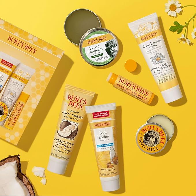 Burt's Bees Back to School Gifts Ideas, 6 College Dorm Products, Timeless Minis Set – Beeswax Lip Balm, Coconut Foot Cream, Milk & Honey Body Lotion, Deep Cleansing Cream, Res-Q Ointment & Hand Salve-GlimoraGlow