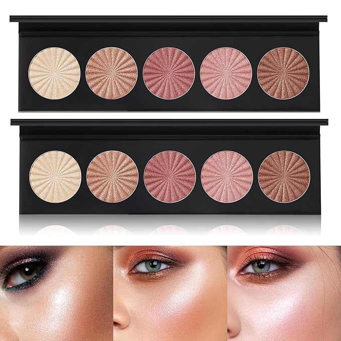 2 Packs Highlighter Powder Palette, 5 Colors Makeup Palette Contour Palette Eyeshadow Makeup Kit Waterproof Long Lasting Brilliant Lighten Skin Color Professional Face Shading Set (2, brown, Large)-GlimoraGlow