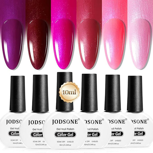 JODSONE 10ml Gel Nail Polish Set Red Glitter 6Colors Glitter Rose Red Gel Polish Lacquer Glossy Art for Nail and Salon Need U V Lamp-GlimoraGlow