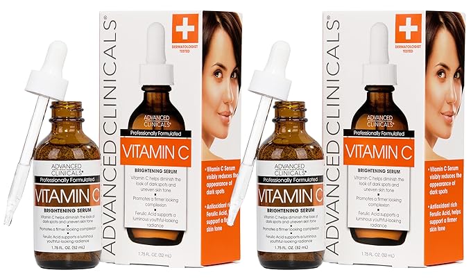 Advanced Clinicals Brightening Vitamin C Serum For Face With Glycolic Acid + Lactic Acid | Vitamin C Eye Serum Face Moisturizer For Improving Look Of Dark Spots & Uneven Complexion, 2-Pack-GlimoraGlow