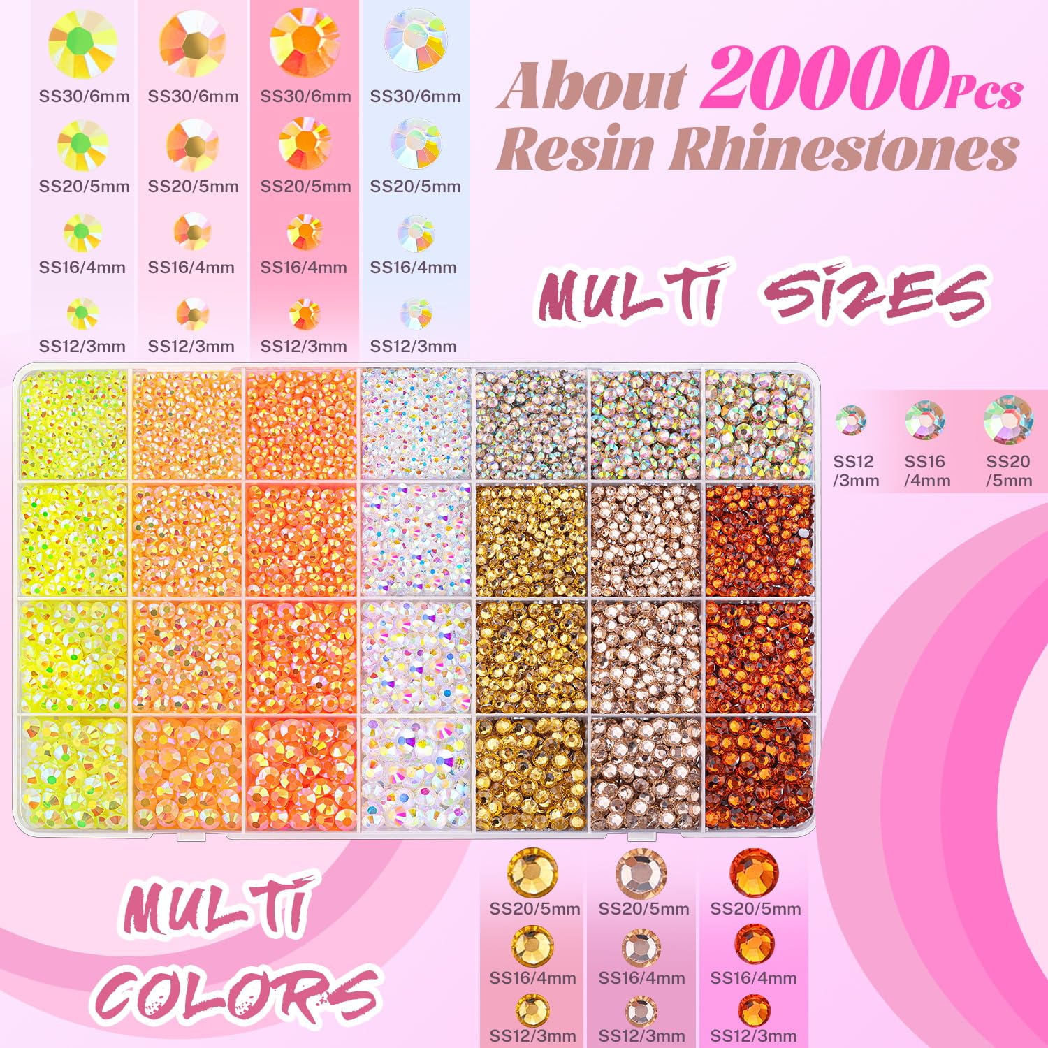 20000Pcs Yellow Rhinestones for Bedazzling with 1Pcs B7000 Jewelry Glue, Resin Rhinestones for Crafting Crafts DIY, Bedazzler Kit Gems for Clothing Shoes Tumblers Nail Art Assorted Size 3/4/5/6mm-GlimoraGlow