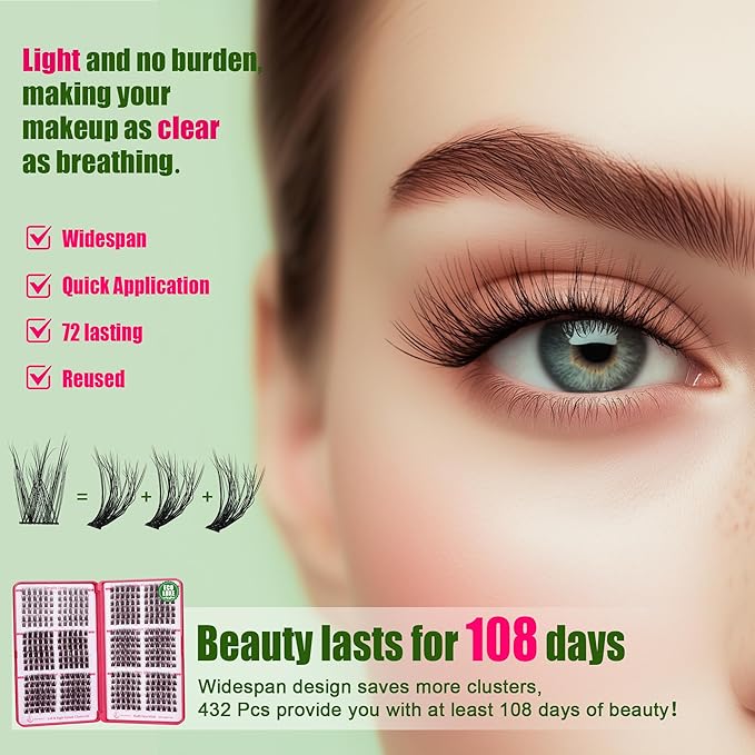 Lash Clusters Kit - 0.05mm Lash Clusters Natural & Fluffy Lash Extension Kit 432Pcs Biodegradable Eyelash Clusters with Bond Seal Starter Kit, Cruelty Free Eyelashes Lightweight Reusable-GlimoraGlow