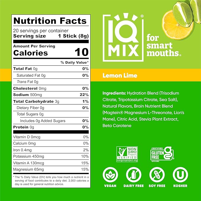 IQMIX Hydration Electrolyte Powder – 4-in-1 Formula for Hydration, Mental Clarity, Mood and Recovery – Sugar-Free Drink Mix, Keto, Magnesium L-Threonate, Lion’s Mane – 20 Count Lemon Lime-GlimoraGlow