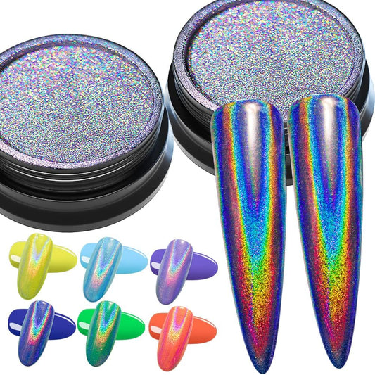 2 Jars Holographic Nail Powder Fine Rainbow Holo Mermaid Unicorn Mirror Laser Effect Multi Chrome Manicure Pigment Glitter Dust + 6PCS Sponge Tools for Salon Home Nail Art DIY Decroration-GlimoraGlow