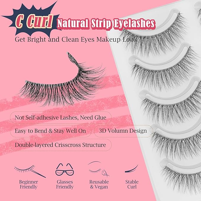 False Lashes Natural Look Wispy Eyelashes 13MM Eye Lash Pack for Daily C Curl Natural Lashes 7 Pair Siligli-GlimoraGlow