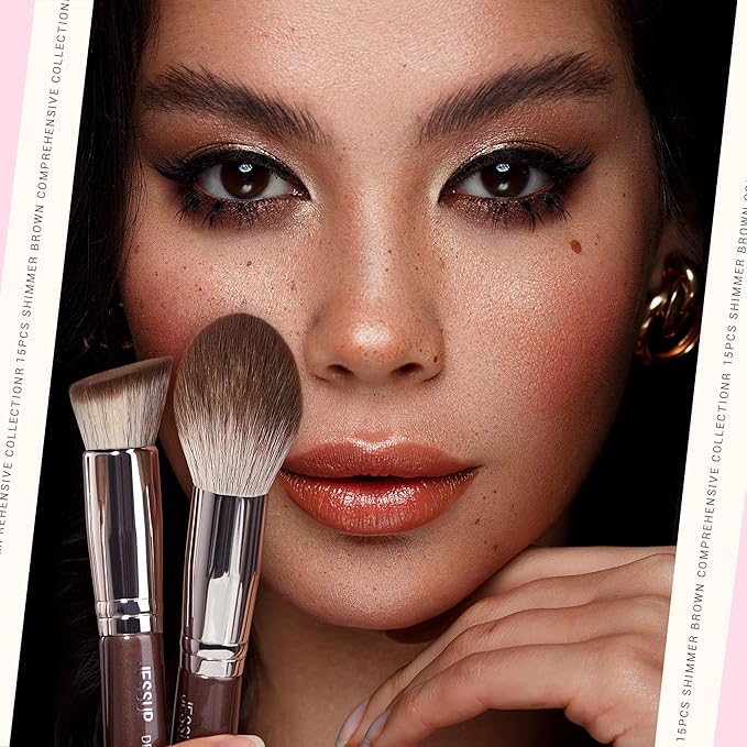 Jessup Makeup Brushes Set 15pcs Brown Make up Brushes Set Professional Premium Synthetic Foundation Eyebrow Concealer Blush Eyeshadow Contour Eyeliner Powder Blending Highlighter Brush, T498-GlimoraGlow