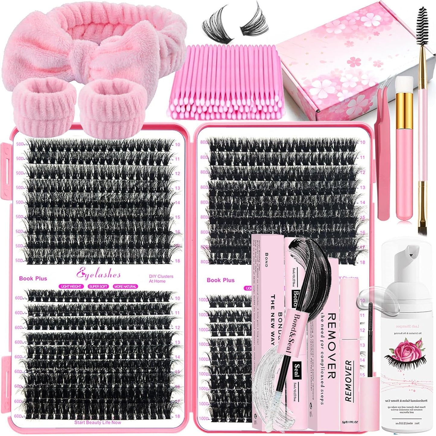 DIY Lash Extension Kit 684Pcs D Curl 10-18mm Lashes Clusters with Lash Shampoo Lash Bond and Seal Glue Remover Cleansing Brush Headband Wristband Tweezers Eyelash Brush Applicator-GlimoraGlow
