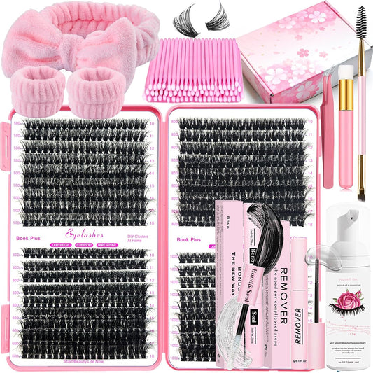 DIY Lash Extension Kit 684Pcs D Curl 10-18mm Lashes Clusters with Lash Shampoo Lash Bond and Seal Glue Remover Cleansing Brush Headband Wristband Tweezers Eyelash Brush Applicator-GlimoraGlow