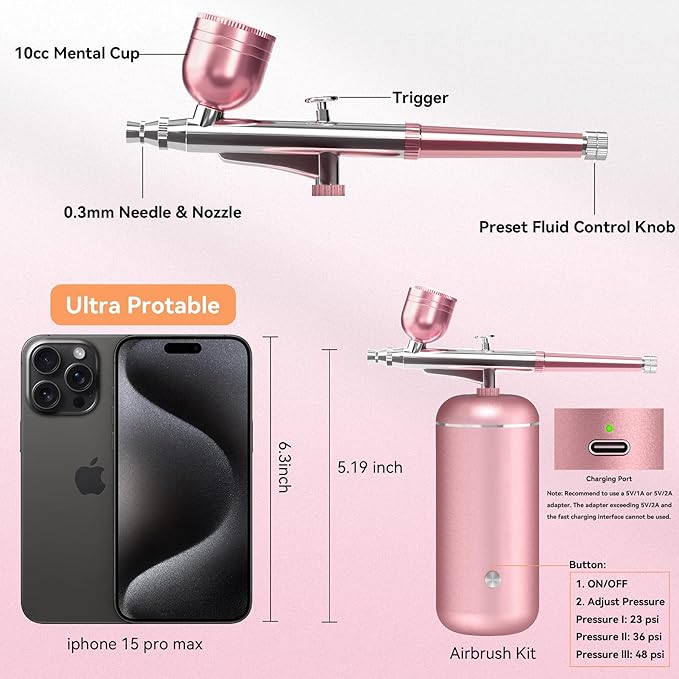Airbrush Kit with Compressor - 48PSI High-Pressure, Non-Clogging Air Brush Set Cordless Rechargeable with 0.3mm Nozzle and Cleaning Brush for Nail Art, Makeup, Painting, and Cake Decorating-GlimoraGlow