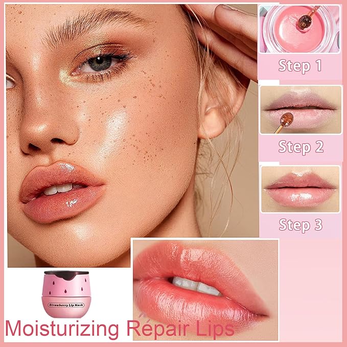 1 PCS Bee Lip Balm Honey Pot, Exfoliating Strawberry Bee Lip Balm Sleeping Lip Mask Overnight with Sticks, Honey Pot Lip Balm Prevention Dry Hydrating and Crack Lip Scrubs-GlimoraGlow