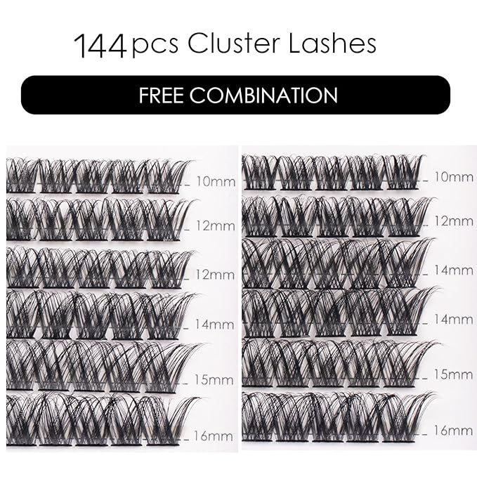 Lash Clusters 144 Pcs Individual Lashes Clusters Eyelash Extensions False Eyelashes DIY Lash Extension Reusable False Eyelashes Natural Look Mix 10-16mm C D Curl-DM01-GlimoraGlow