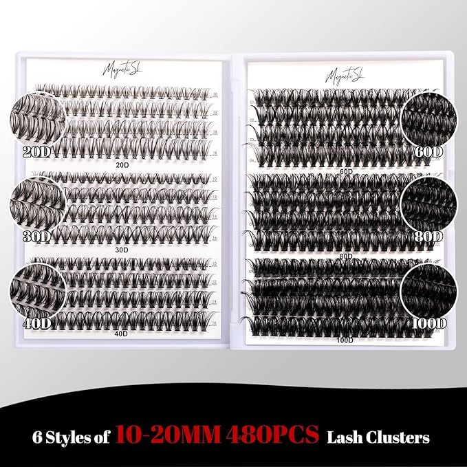 Lash Clusters 480 Clusters D Curl 10-20mm False Eyelash 60D 80D 100D Thick Eyelash Extension 20D 30D 40D Individual Eyelashes Multi-Style DIY Lash Extensions for Beginners(20D-100D-D, 10-20MIX)-GlimoraGlow