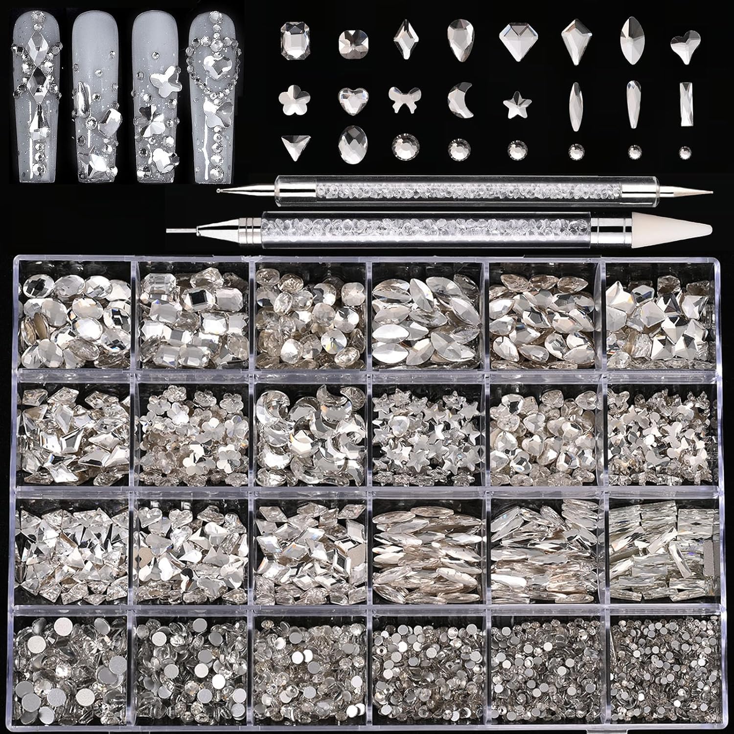 18 Types of 900 Special-Shaped Diamonds + 3200 Flat-Bottomed Nail Rhinestones, Clear Nail Crystal Gems Stone DIY Crafts for Shoes, Clothes, Jewels-GlimoraGlow