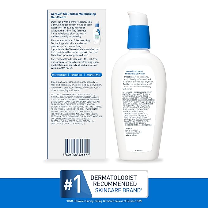 CeraVe Oil Control Moisturizing Gel-Cream, Face Moisturizer for Oily Skin, Niacinamide, Hyaluronic Acid & Oil Absorbing Technology To Rebalance Oily Skin, Non-Comedogenic, Fragrance Free & Oil-Free-GlimoraGlow