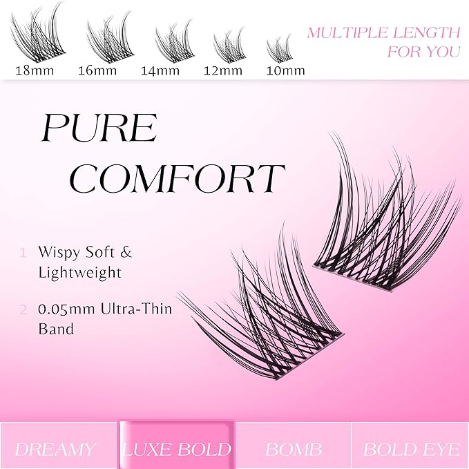 VEYESBEAUTY Lash Clusters Individual Eyelash Extensions Thin & Invisible Band DIY False Eyelashes for Self-application Newbie's Five-Second Series Wispy Lash Tray, LuxeBold 12mm Single Length-GlimoraGlow