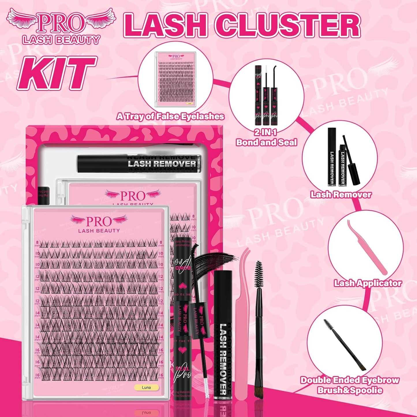 PROLASHBEAUTY Natural Lash Clusters Kit Lash Extension Kit Wispy Lash Clusters Lash Bond Remover Eyelash Applicator Beginner DIY Lashes Kit Easy to Use(Luna,8-16mix)-GlimoraGlow