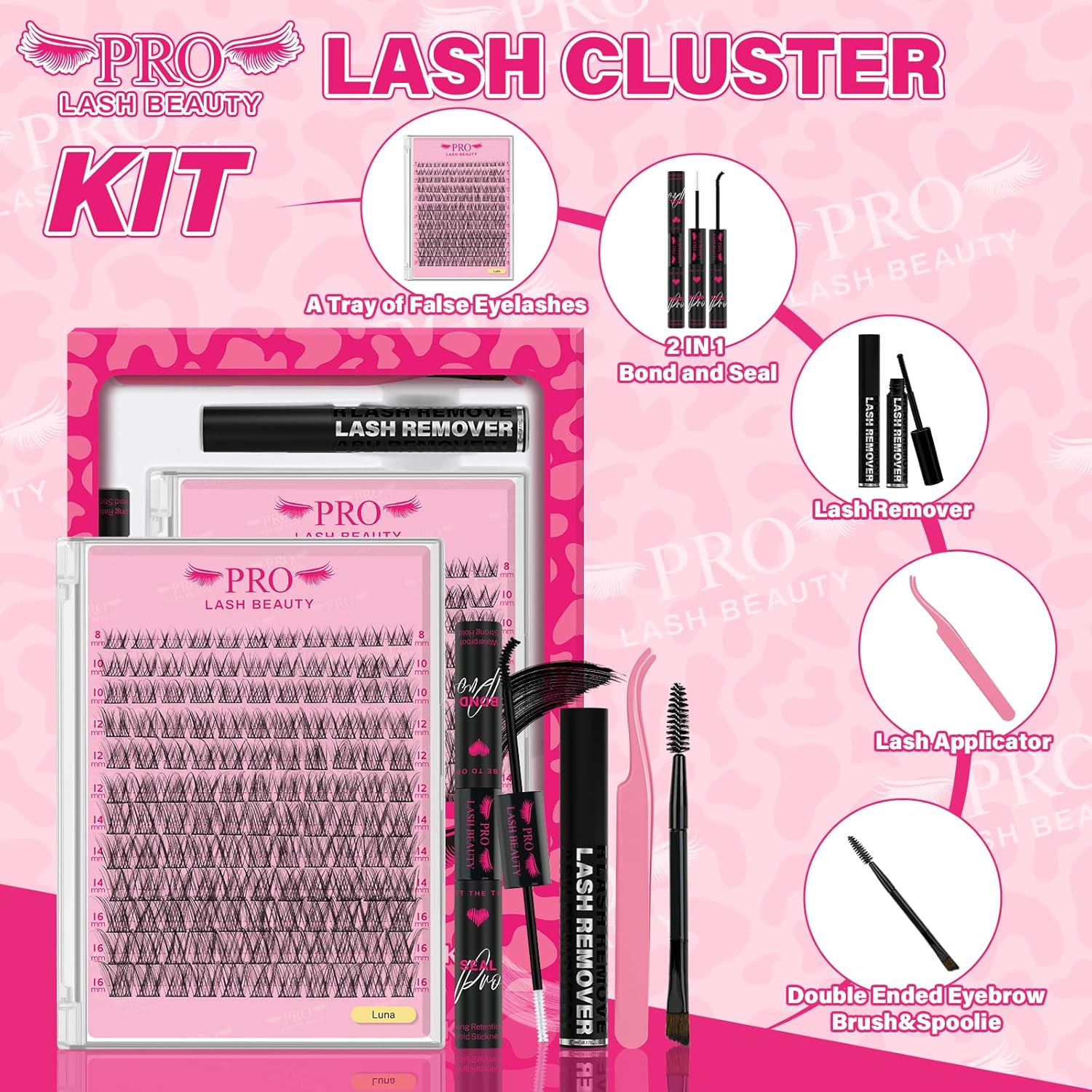 PROLASHBEAUTY Natural Lash Clusters Kit Lash Extension Kit Wispy Lash Clusters Lash Bond Remover Eyelash Applicator Beginner DIY Lashes Kit Easy to Use(Luna,8-16mix)-GlimoraGlow