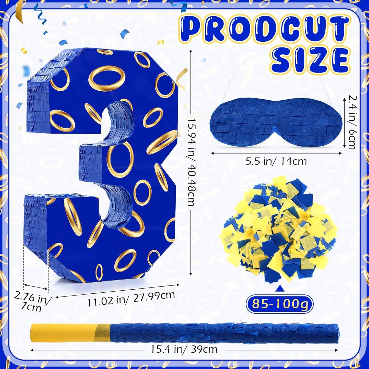 Number 3 Blue and Golden Rings Piñata for Kids Birthday Cartoon Theme Small Piñata with Blindfold Stick Confetti for Fiesta Cinco De Mayo Party Decor, 15.8 x 11 x 2.8 Inch