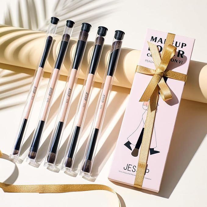 Jessup Makeup Brushes 5pcs Double Ended Eyeshadow Brush Contour Blending Eyeliner Eye Shader Brush, Vegan Fiber Precision Eye Brush Set Peach Dust T509-GlimoraGlow