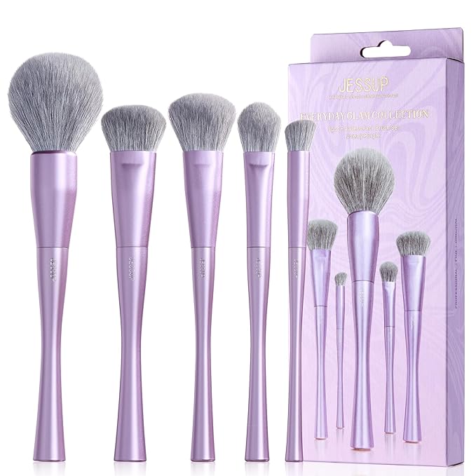 Jessup Makeup Brushes Face 5pcs, Premium Synthetic Make Up Brushes Set for Foundation Contour Blush Highlighter and Powder, Luxury Purple T514-GlimoraGlow