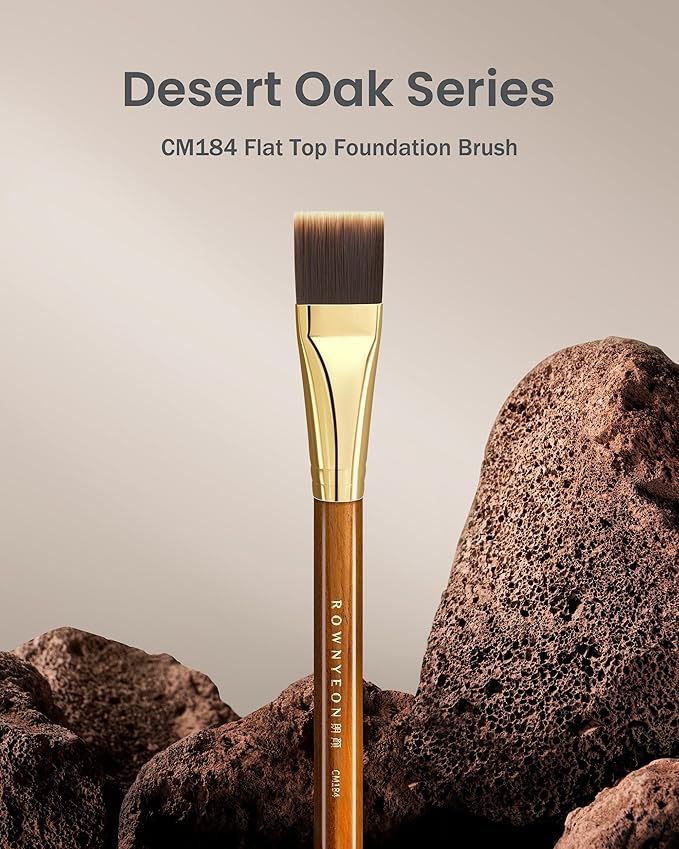 Desert Oak Series Flat Top Foundation Brush - 20mm Ultra-Thin Nylon Bristles for Streak-Free Liquid Foundation, Smooth Buffing & Full Coverage, Bubinga Handle & Brass Ferrule (CM 184)-GlimoraGlow