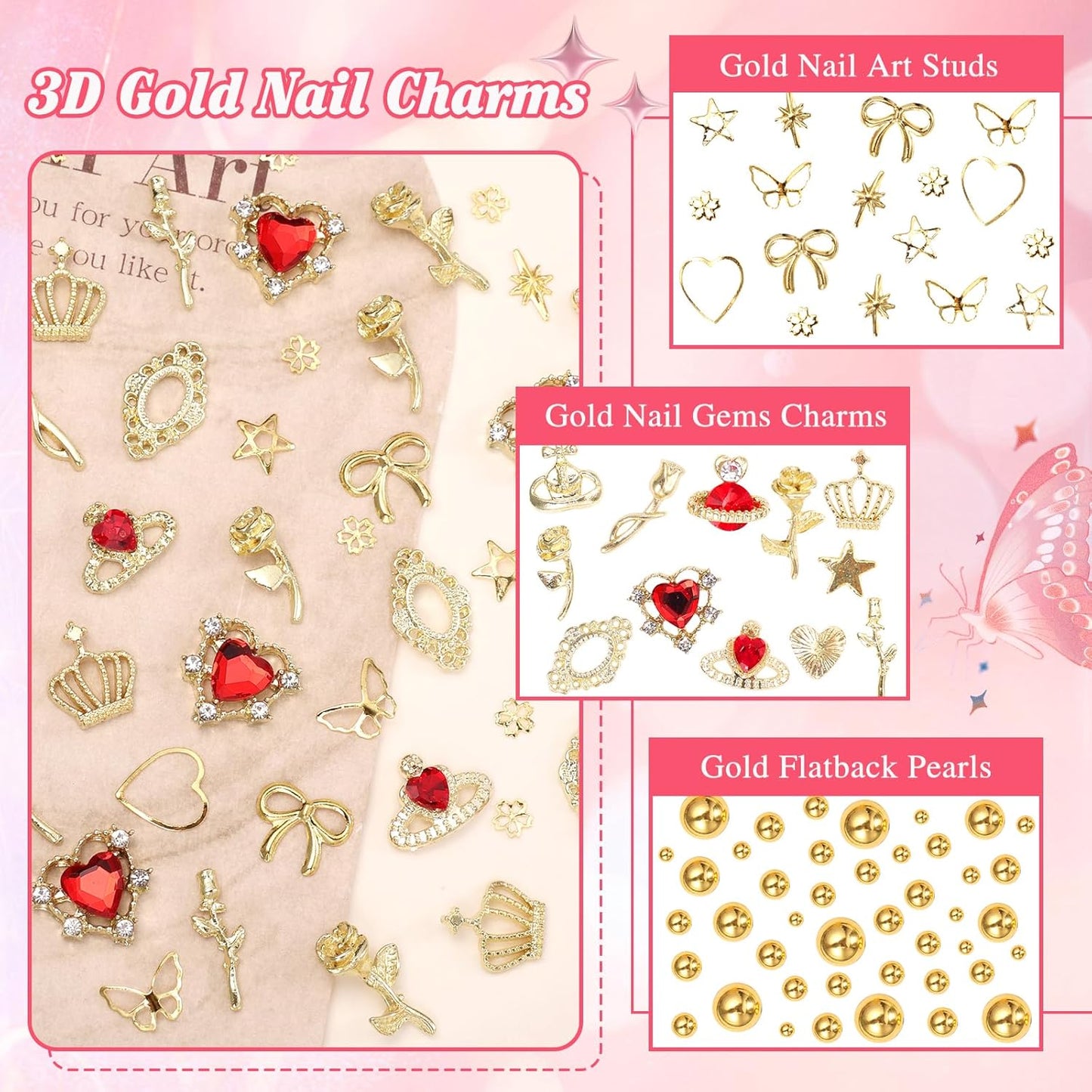 2 Boxes Metal Gold Nail Charms and Gems, 3D Alloy Crown Heart Planet Nail Gems Charms, Golden Bows Star Nail Studs, Gold Pearls Beads for Nails Art Designs DIY Accessories-GlimoraGlow