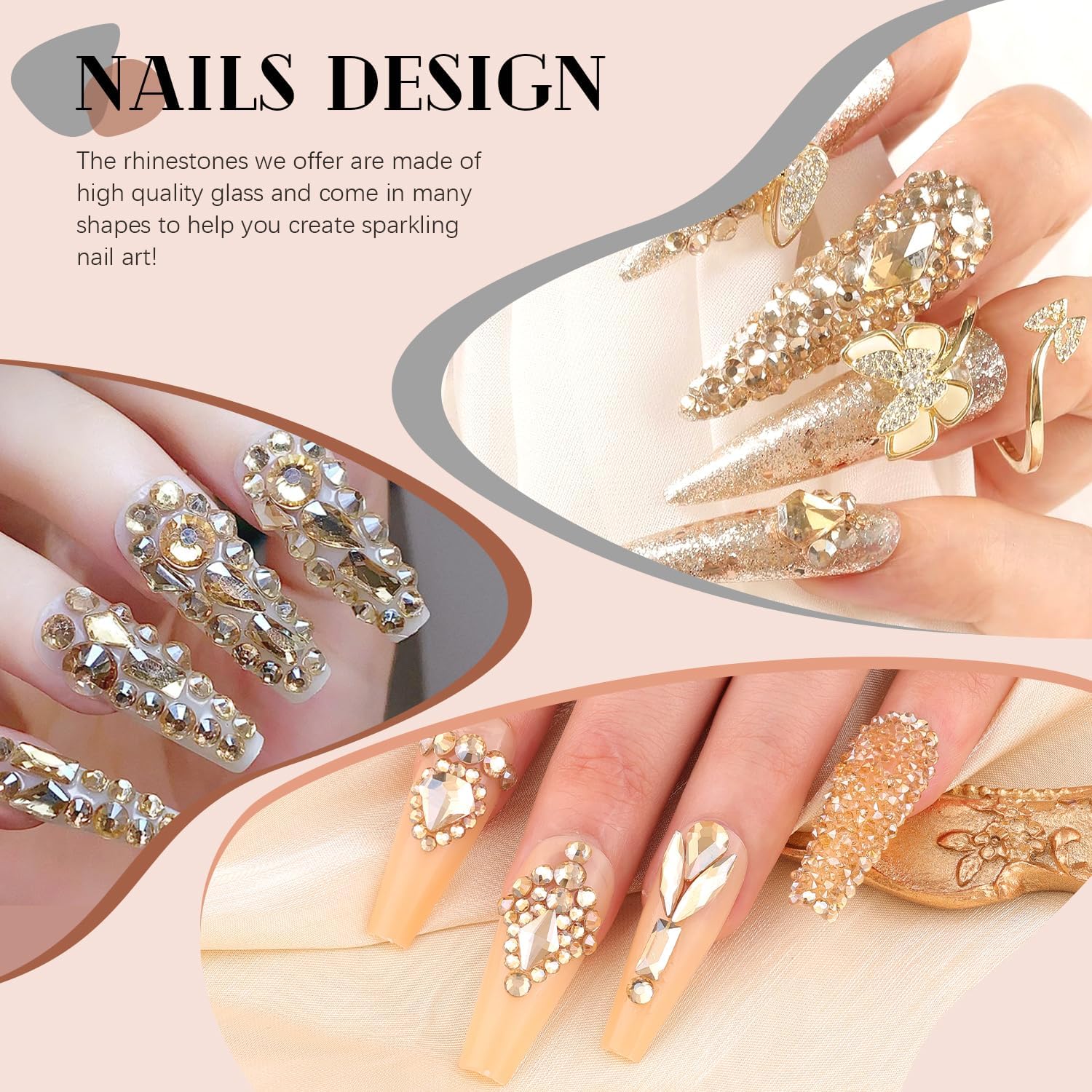 2060Pcs Champagne Gold Glass Nail Rhinestones 60Pcs Multi Shapes Flatback Nail Gems +2000Pcs 1.5-4mm Round Crystal with Rhinestones Glue Gel, Manicure Nail Charms Diamond Gemstones for Nail Art-GlimoraGlow