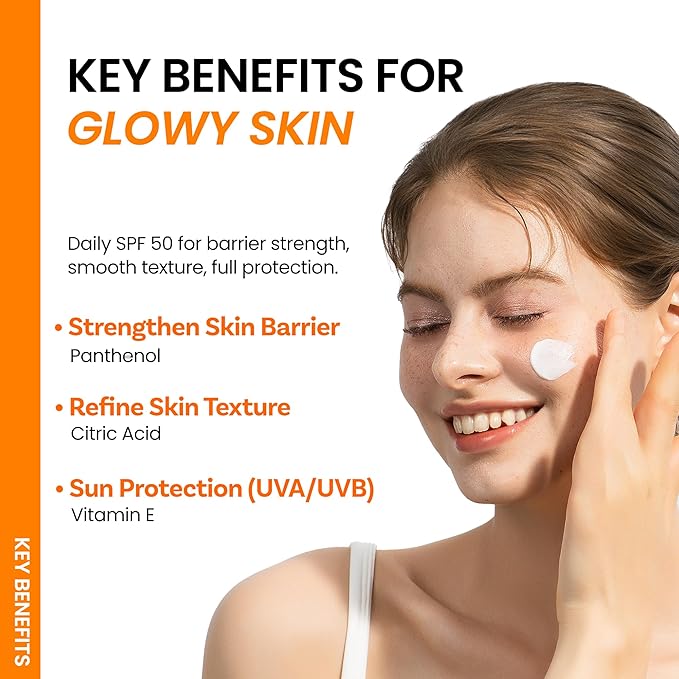 ONGREDIENTS Skin Barrier Moisture Sunscreen Broad Spectrum SPF 50, Glowy Finish, Non-Sticky, No White Cast, Hydrating, Moisturizing, Airy Texture, Korean Skin Care, All Skin Types (1.7 fl. Oz)-GlimoraGlow