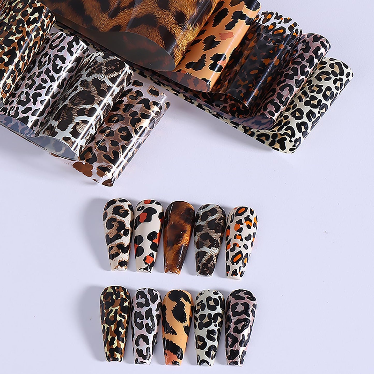 10 Rolls Leopard Print Nail Foil Transfer Stickers Autumn Winter Nails Decoration Self Adhesive Leopard Nail Foils Transfer Nail Art Animal Print Nails Supplies for Women DIY Manicure Accessories-GlimoraGlow