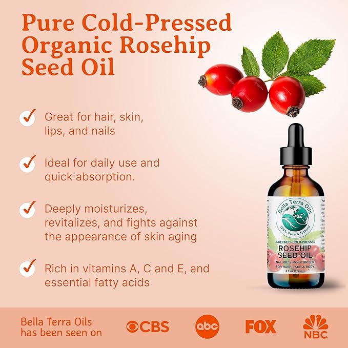 Bella Terra Oils - Organic Rosehip Seed Oil 2 oz - Cold-Pressed Elixir, Rich in Vitamin A, C, & E, Linoleic & Alpha-Linolenic Acid, Perfect Facial Emollient-GlimoraGlow