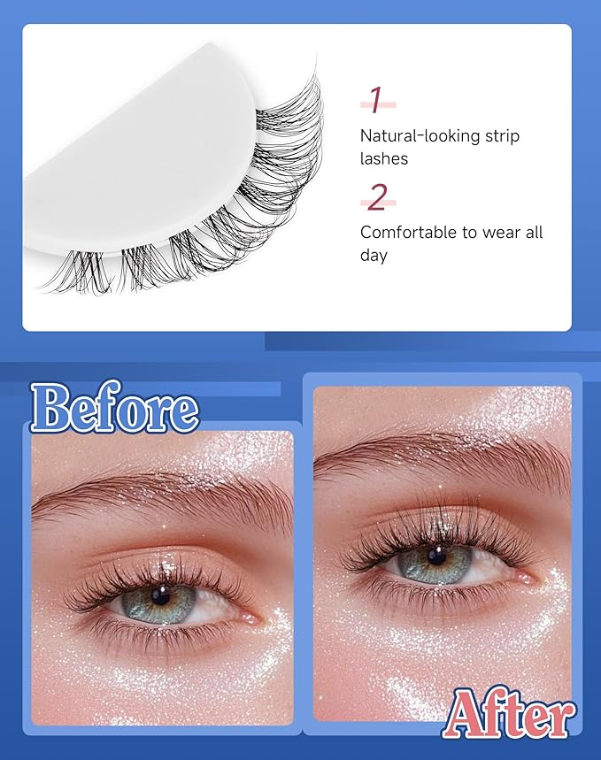 Lashes Natural CLear Band Wispy False Eyelashes Natural Look Flared Strip Eyelash False Eye Lash Soft 7 Pairs Everyday SF-02-GlimoraGlow