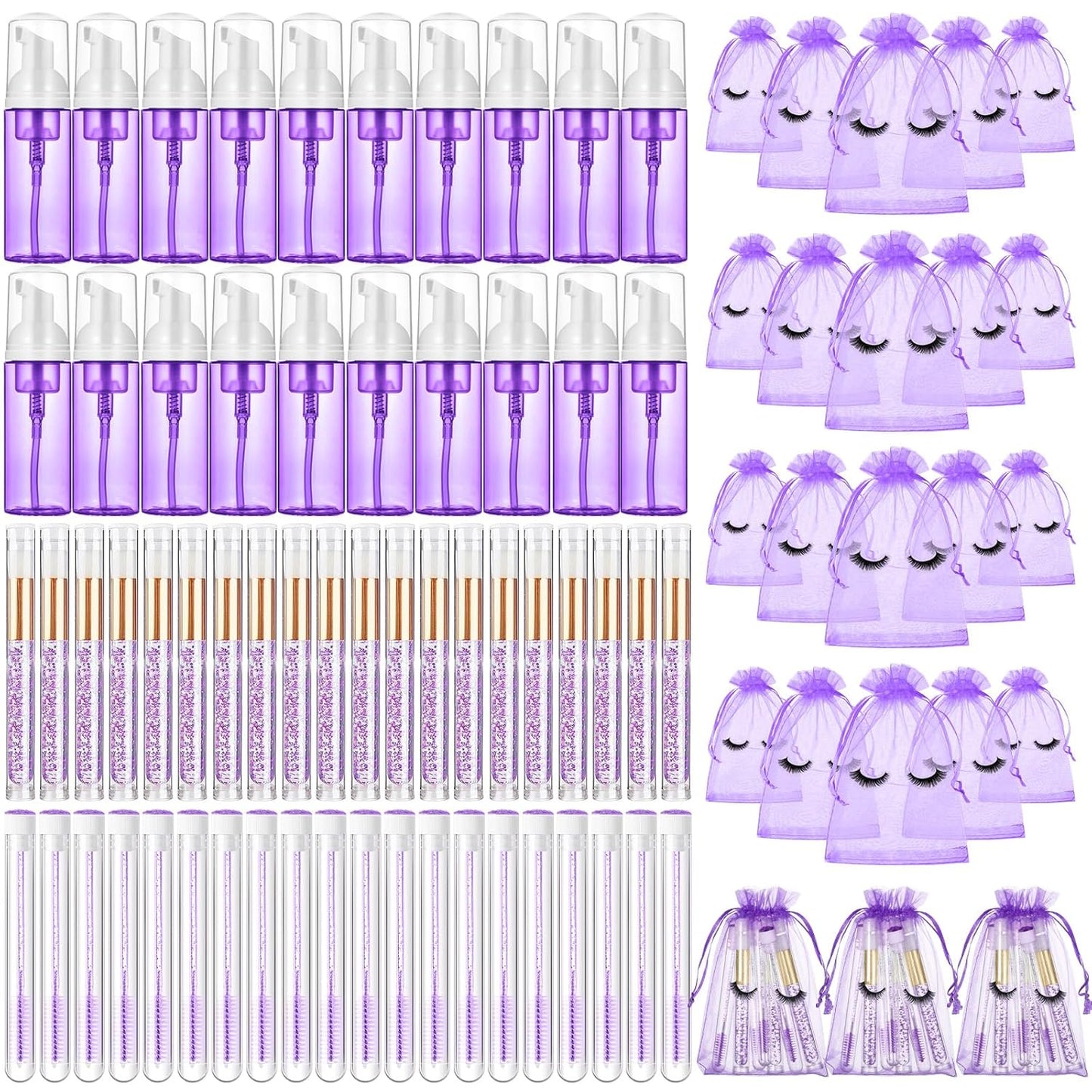Zhehao 80 Pcs Lash Shampoo Bottle Brushes Kit 20 Foam Pump Dispensers 20 Lash Shampoo Brushes 20 Eyelash Aftercare Bag 20 Cleaning Pipes, Eyelash Extension Supplies(Purple)-GlimoraGlow