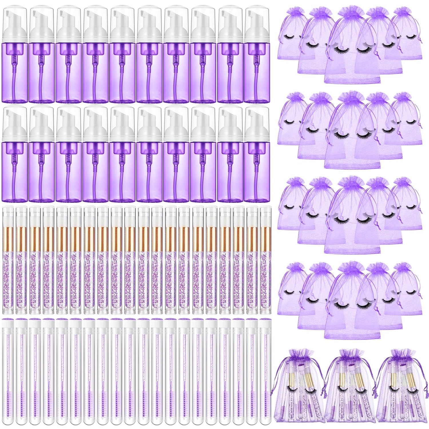 Zhehao 80 Pcs Lash Shampoo Bottle Brushes Kit 20 Foam Pump Dispensers 20 Lash Shampoo Brushes 20 Eyelash Aftercare Bag 20 Cleaning Pipes, Eyelash Extension Supplies(Purple)-GlimoraGlow