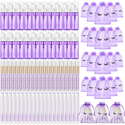 Zhehao 80 Pcs Lash Shampoo Bottle Brushes Kit 20 Foam Pump Dispensers 20 Lash Shampoo Brushes 20 Eyelash Aftercare Bag 20 Cleaning Pipes, Eyelash Extension Supplies(Purple)-GlimoraGlow