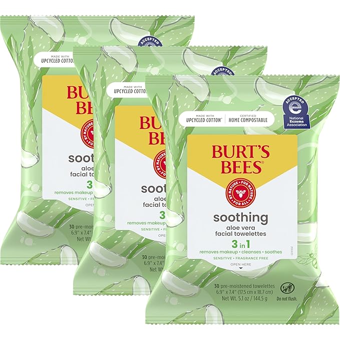 Burt's Bees Back To School Dorm Essentials, Aloe Vera Face Wipes, for Sensitive Skin, Soothing Makeup Remover & Facial Cleansing Towelettes, 30 Ct. (3-Pack)-GlimoraGlow
