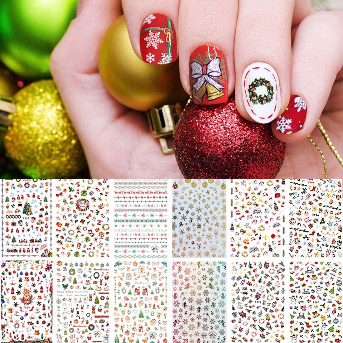 1000 Patterns Christmas nail art sticker decals, Kalolary Self-Adhesive Nail Stickers Santa Claus Snowflake Snowman Christmas Bell Tree Stick Elk for Christams Nail Decoration Gift(12 Sheets)-GlimoraGlow