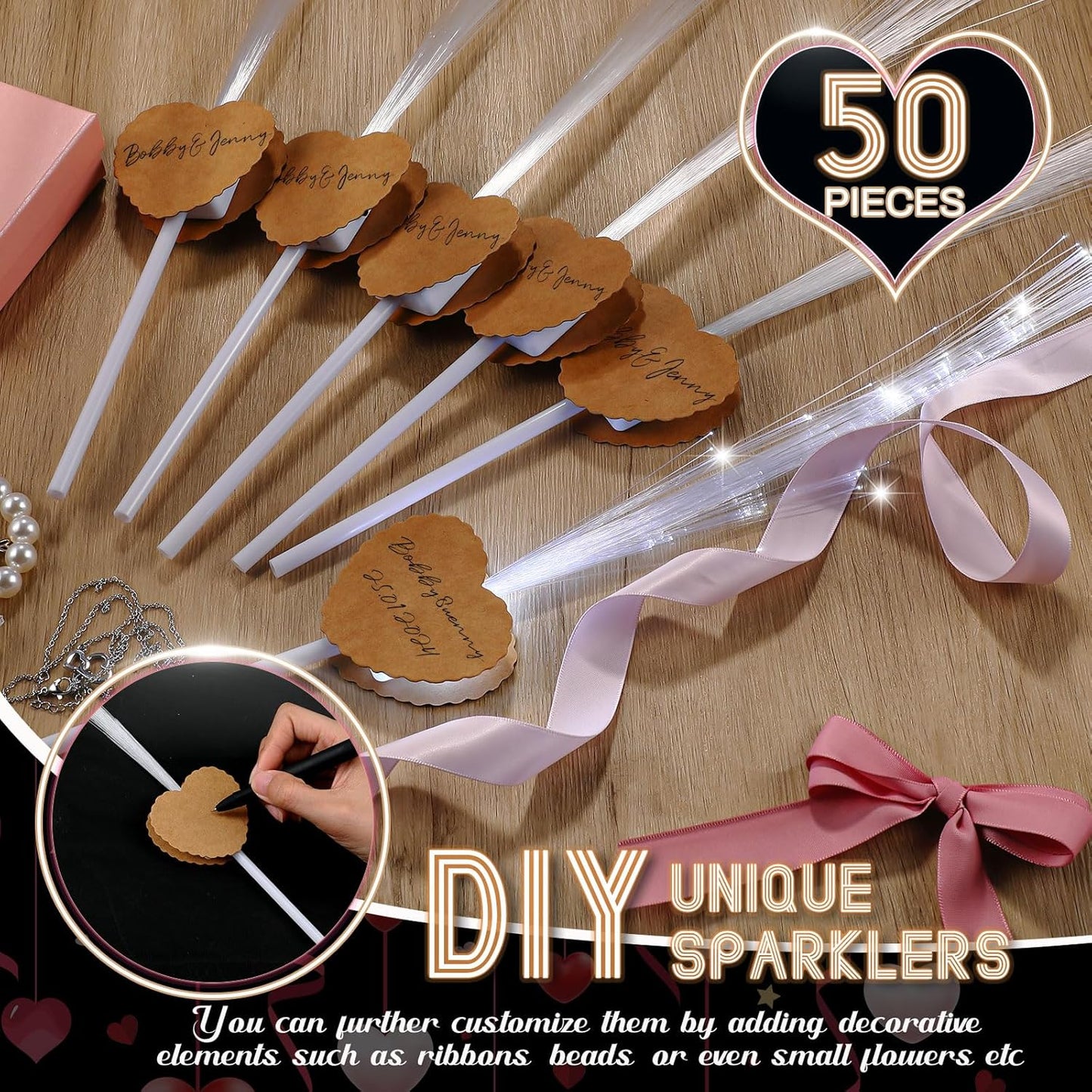 50 Pcs Wedding Sparklers Heart Shaped LED Glow Sticks Fiber Optic Wands Light up Wand with 3 Light Mode for Wedding Bridal Shower Birthday Glow in the Dark Party Supplies (Brown)
