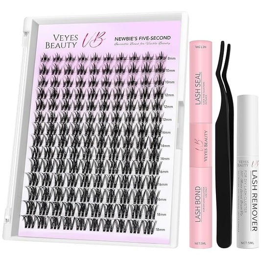 VEYESBEAUTY Lash Clusters Kit Eyelash Extensions Thin & Invisible Band Individual False Eyelashes Newbie's Five-Second Series Wispy Lash Tray for Self-application, Camellia Lashes 8-18mm Mixed Length-GlimoraGlow
