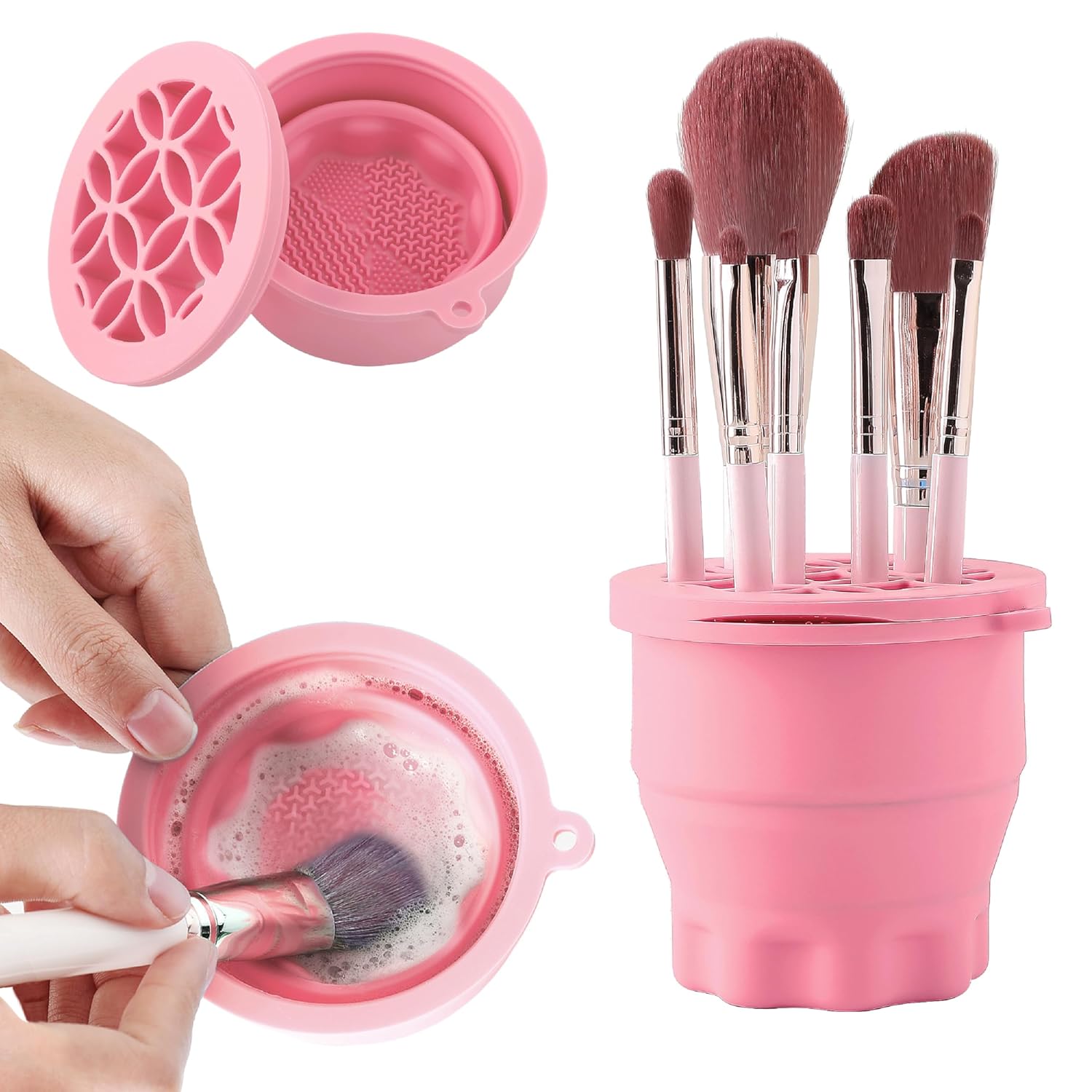 Makeup Brush Cleaner - Foldable Silicone Makeup Brush Cleaner Mat with Brush Storage Holder Makeup Brush Cleaning Bowl Cosmetic Brush Washing Tool for Cleaning Organizer and Drying (Pink)-GlimoraGlow