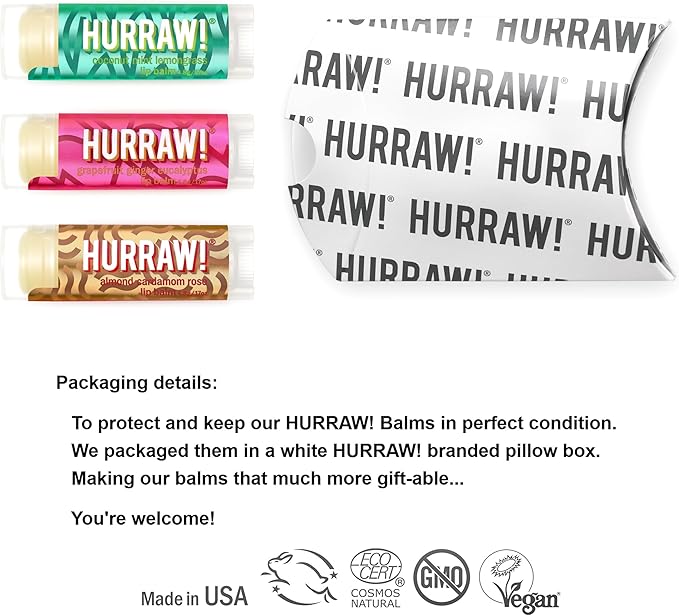 Hurraw! Pitta (Coconut, Mint, Lemon Grass), Kapha (Grapefruit, Ginger, Eucalyptus), Vata (Almond, Cardamon Rose) Lip Balms, 3 Pack Bundle: Organic, Certified Vegan, Cruelty, Gluten Free, 100% Natural-GlimoraGlow