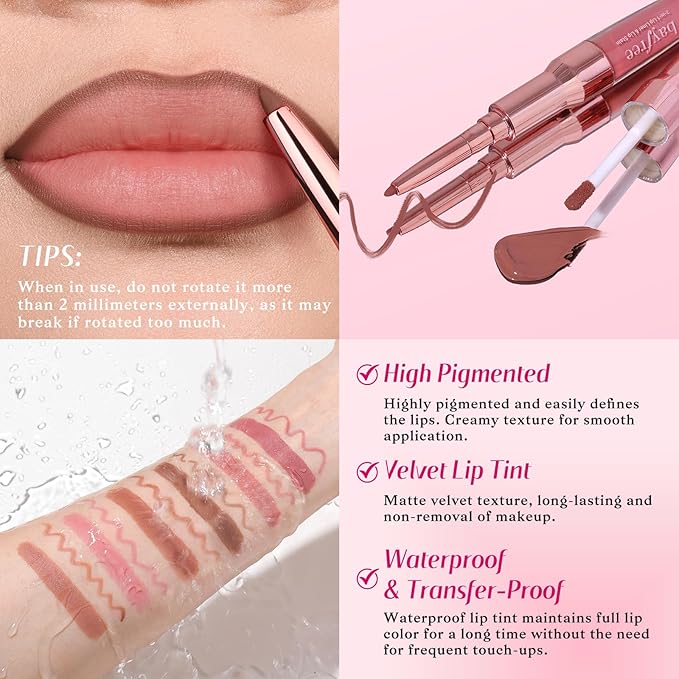 2-IN-1 Lip Liner and Lip Stain, High Pigmented Long Lasting Velvet Lip Tint, Well-Defined Lipliner, Weightless Waterproof Not Animal Tested, Matte Finish Makeup-GlimoraGlow