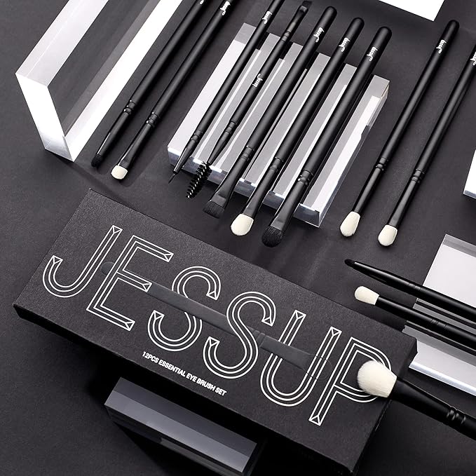 Jessup Eyeshadow Brush Set 12pcs Black Eye Makeup Brushes Set Professional with Natural Synthetic Hair for Eyebrow Eyelash Eyeliner Spoolie Blending, T322-GlimoraGlow